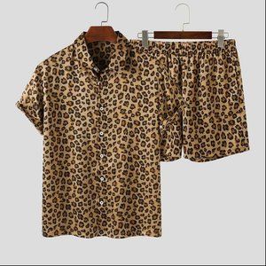 Fashion Men Sets Streetwear Leopard Print Short Sleeve